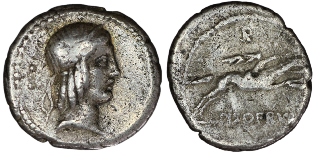 Denarius of Lucius Calpurnius Piso showing a head of Apollo, three pellets, and a racing horse.