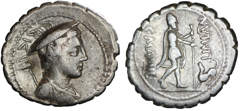 Denarius of C Mamilius Limetanus showing Odysseus and Argos
