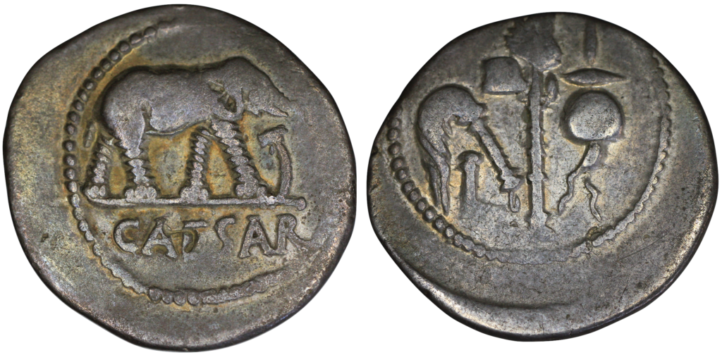 denarius of Julius Caesar showing elephant and priestly implements