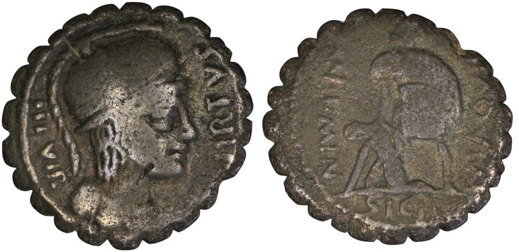 A denarius of Manius Aquillius showing Virtus and Sicily.