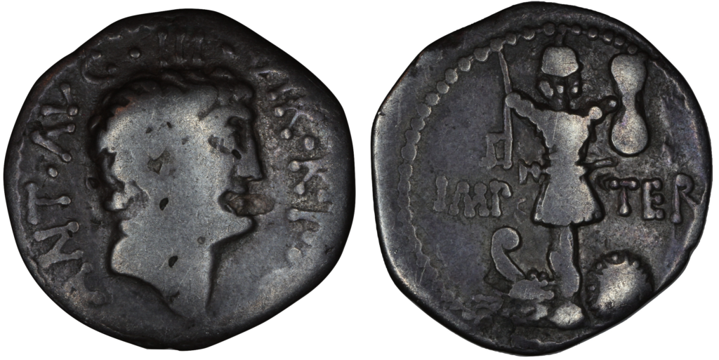 Denarius of Mark Antony with tropaion of reverse. 