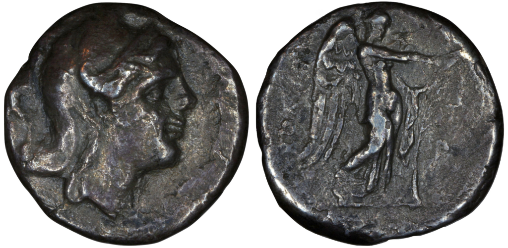 Didrachm showing Roma in Phrygian helmet and Victoria, naked, attaching wreath to palm